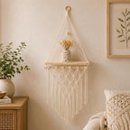Macrame Hanging Shelf, Natural Wood Boho Wall Decor, Rustic Farmhouse Display