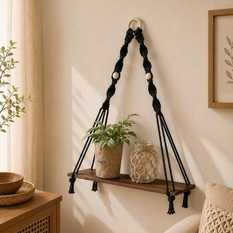 Macrame Hanging Shelf, Natural Wood Boho Wall Decor, Rustic Farmhouse Display