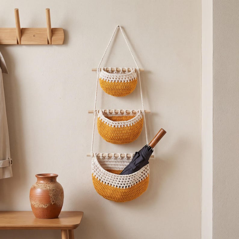 Woven Hanging Fruit Vegetable Basket, Boho Nordic Kitchen Wall Storage Organizer, 33x80 cm Cotton Rope