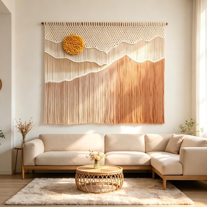 Woven Wall Hanging Fiber Art Tapestry, Scandinavian Boho Wall Decor, Natural Cotton Rope, Wooden Rod Included