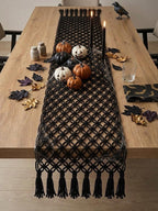 Black Macrame Table Runner Gothic Halloween Boho Centerpiece 14in Wide 36-120in Length