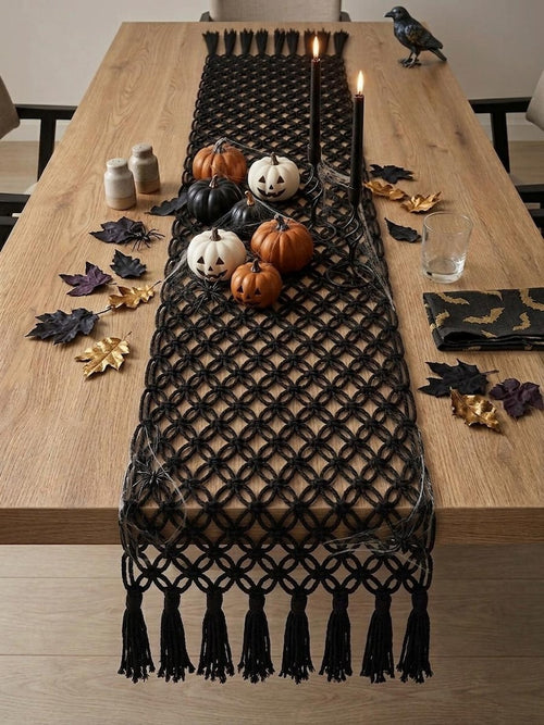 Black Macrame Table Runner Gothic Halloween Boho Centerpiece 14in Wide 36-120in Length