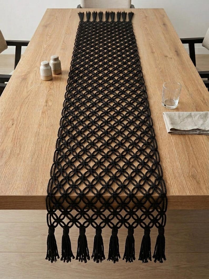 Black Macrame Table Runner Gothic Halloween Boho Centerpiece 14in Wide 36-120in Length
