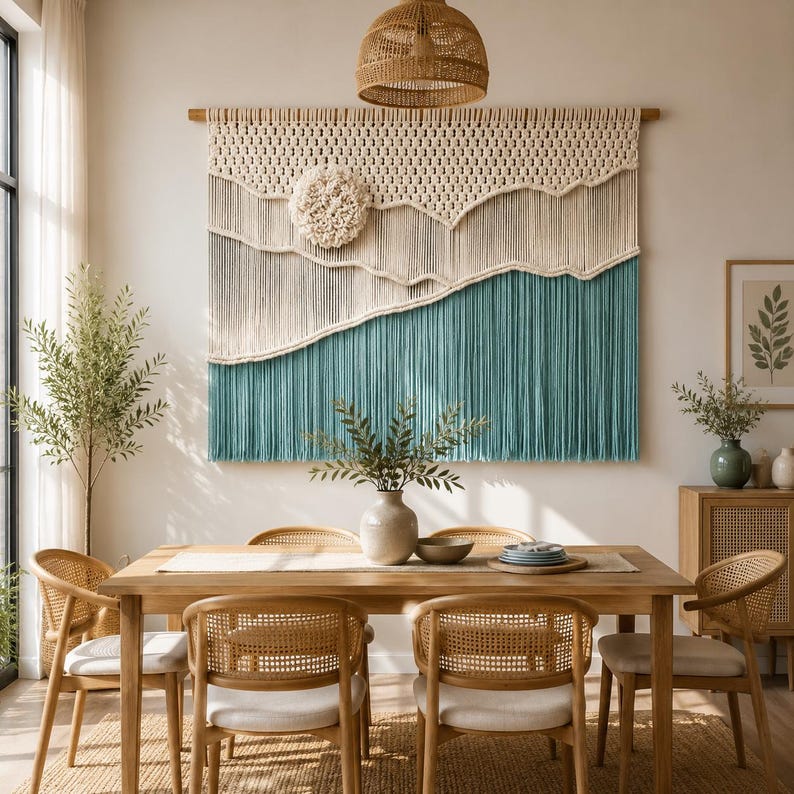 Woven Wall Hanging Fiber Art Tapestry, Scandinavian Boho Wall Decor, Natural Cotton Rope, Wooden Rod Included