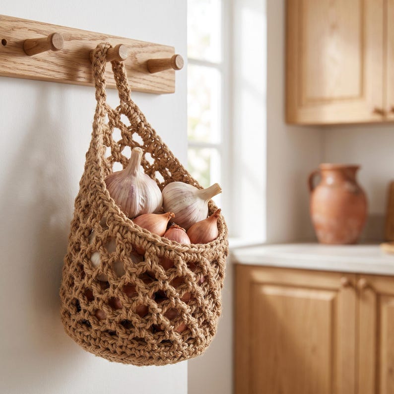 Teardrop Woven Hanging Basket Boho Wall Organizer Rustic Kitchen Produce Holder