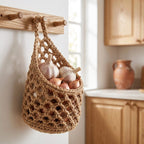Teardrop Woven Hanging Basket Boho Wall Organizer Rustic Kitchen Produce Holder