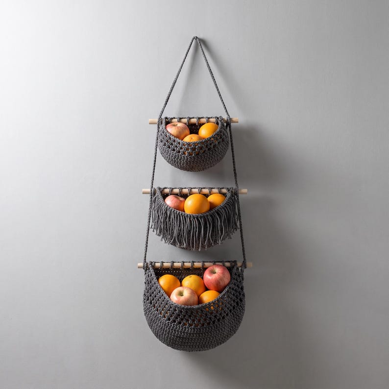 Three Tier Woven Hanging Fruit Basket Wall Organizer for Kitchen Storage, Boho Pantry Decor, Cotton Yarn, 33x23 cm