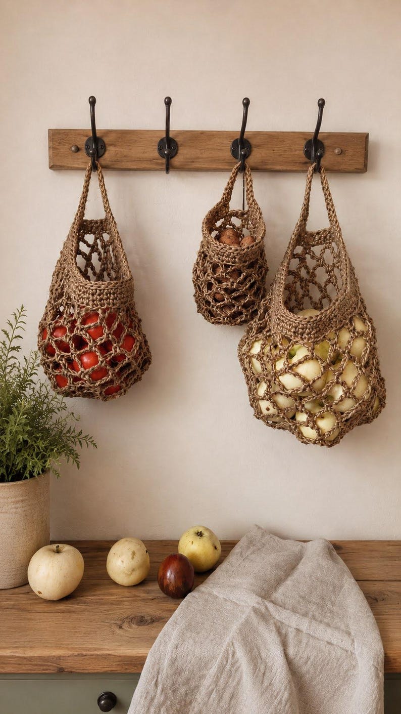 Jute Hanging Fruit Basket Set of 3 Sizes for Kitchen Storage