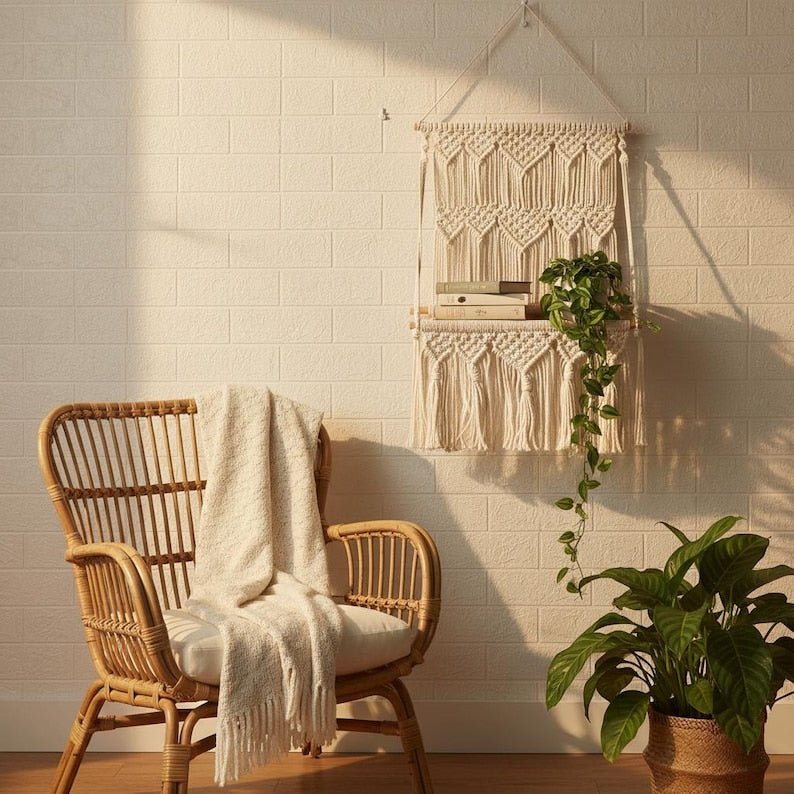 Cream Boho Macrame Wall Shelf with Wood Board and Knotted Fringe