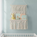 Cream Boho Macrame Wall Shelf with Wood Board and Knotted Fringe