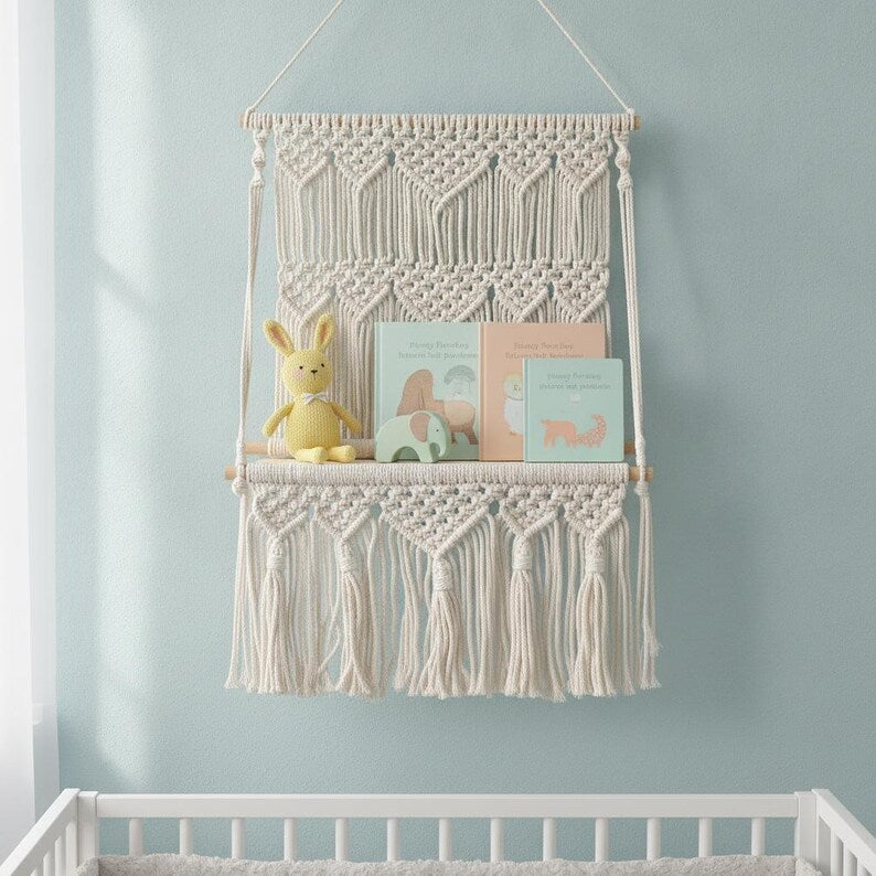 Cream Boho Macrame Wall Shelf with Wood Board and Knotted Fringe