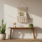 Cream Boho Macrame Wall Shelf with Wood Board and Knotted Fringe