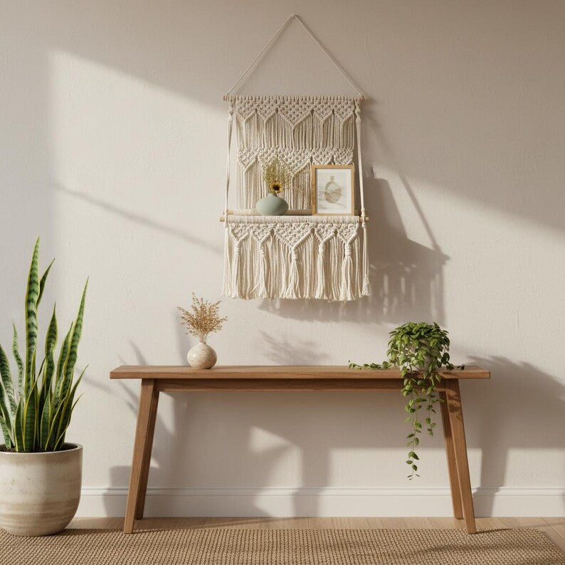 Cream Boho Macrame Wall Shelf with Wood Board and Knotted Fringe