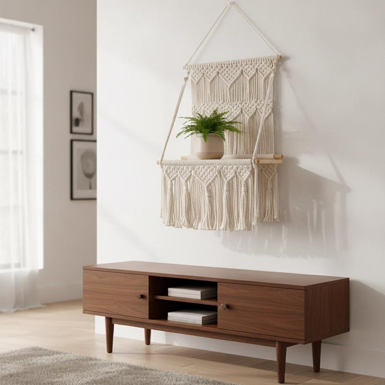 Cream Boho Macrame Wall Shelf with Wood Board and Knotted Fringe