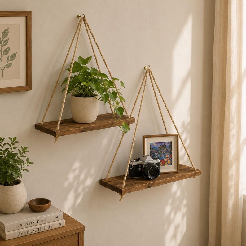 Solid Wood Hanging Rope Shelf, Boho Wall Mounted Floating Storage Tray for Plants