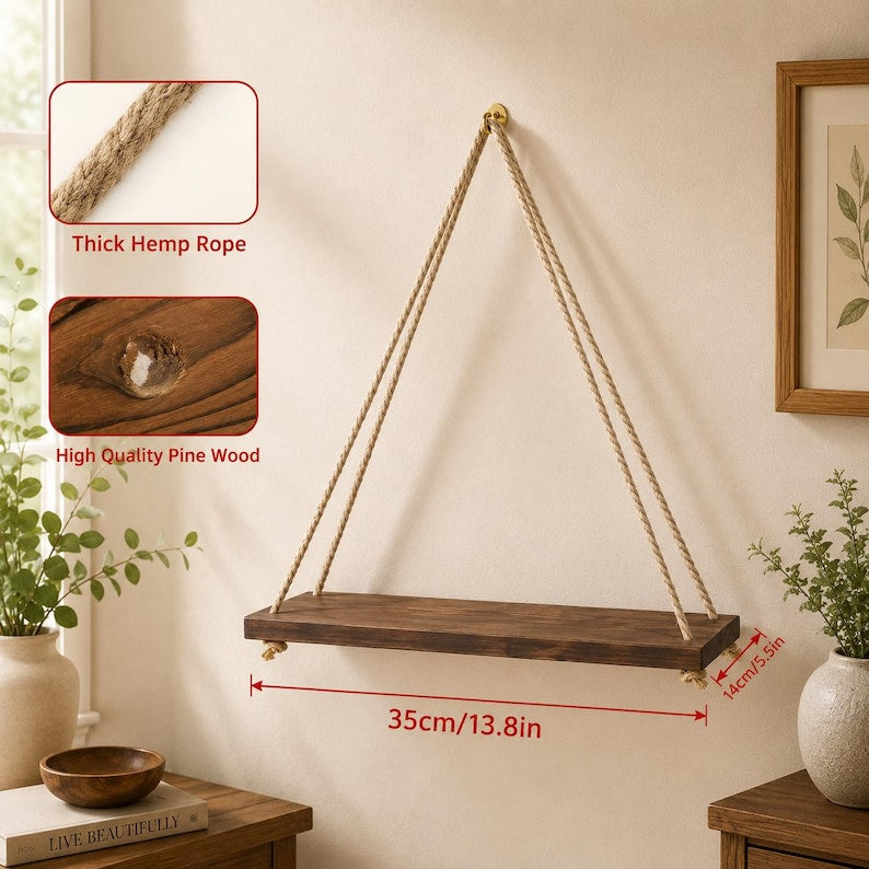 Solid Wood Hanging Rope Shelf, Boho Wall Mounted Floating Storage Tray for Plants