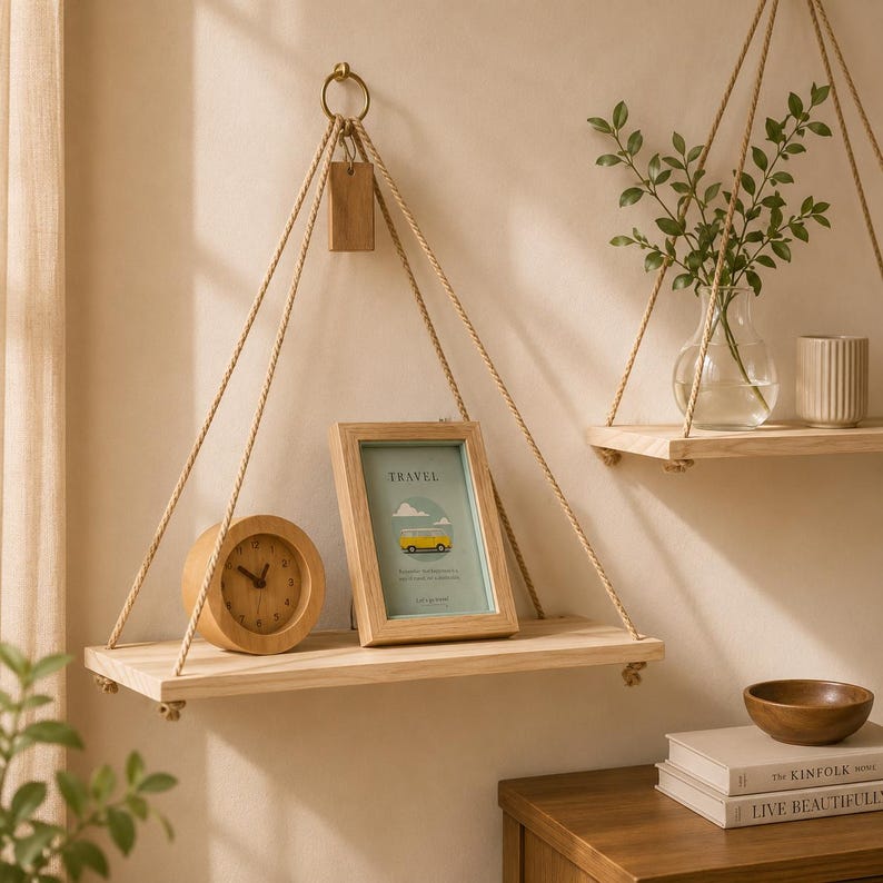 Solid Wood Hanging Rope Shelf, Boho Wall Mounted Floating Storage Tray for Plants