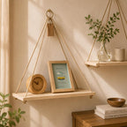 Solid Wood Hanging Rope Shelf, Boho Wall Mounted Floating Storage Tray for Plants