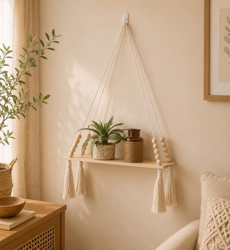 Macrame Hanging Shelf, Natural Wood Boho Wall Decor, Rustic Farmhouse Display