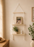 Macrame Hanging Shelf, Natural Wood Boho Wall Decor, Rustic Farmhouse Display