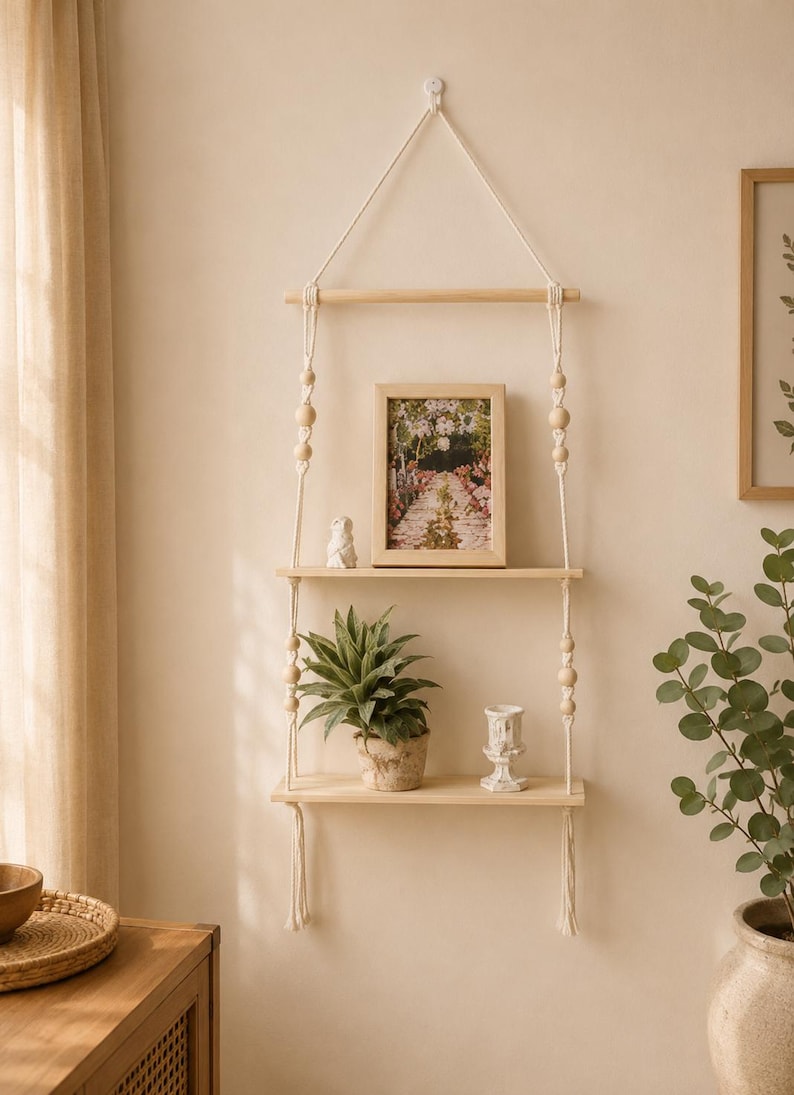 Macrame Hanging Shelf, Natural Wood Boho Wall Decor, Rustic Farmhouse Display