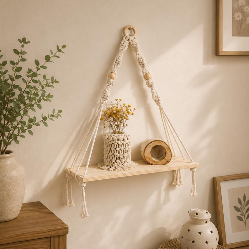 Macrame Hanging Shelf, Natural Wood Boho Wall Decor, Rustic Farmhouse Display