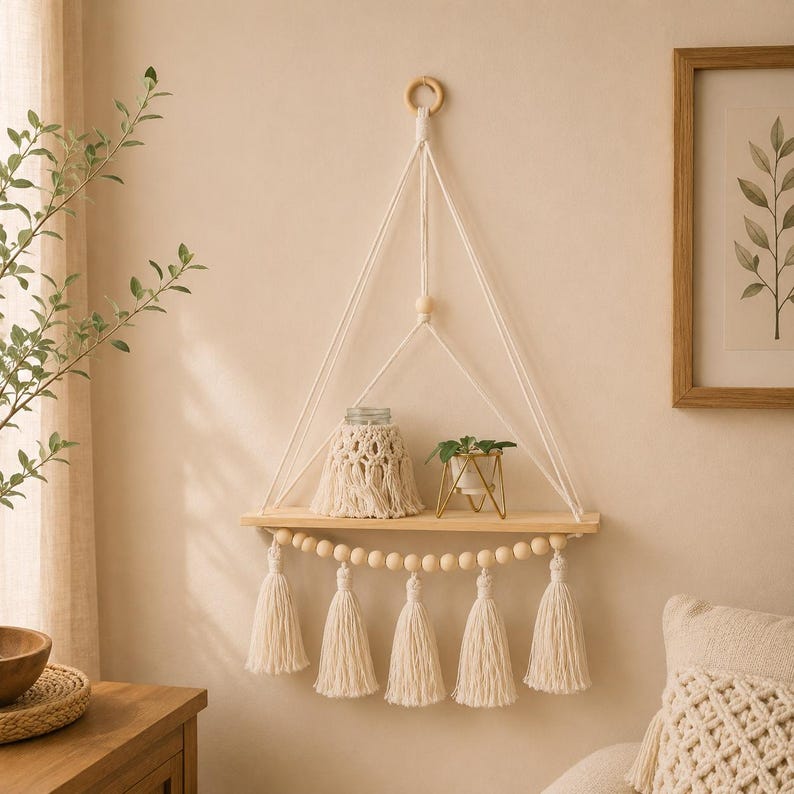 Macrame Hanging Shelf, Natural Wood Boho Wall Decor, Rustic Farmhouse Display