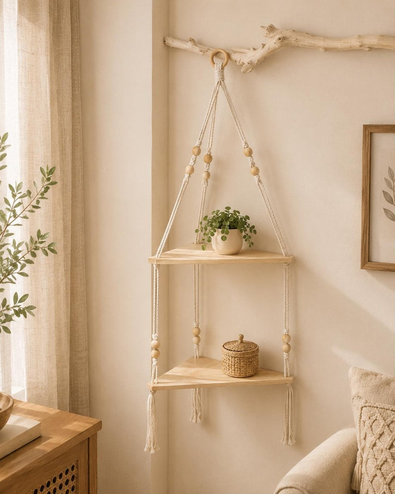 Macrame Hanging Shelf, Natural Wood Boho Wall Decor, Rustic Farmhouse Display