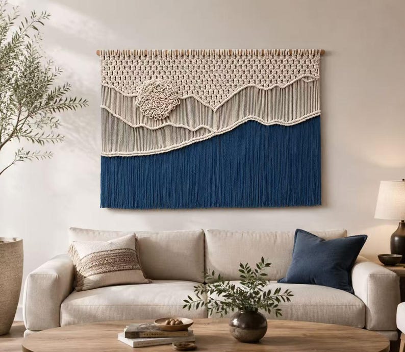 Woven Wall Hanging Fiber Art Tapestry, Scandinavian Boho Wall Decor, Natural Cotton Rope, Wooden Rod Included
