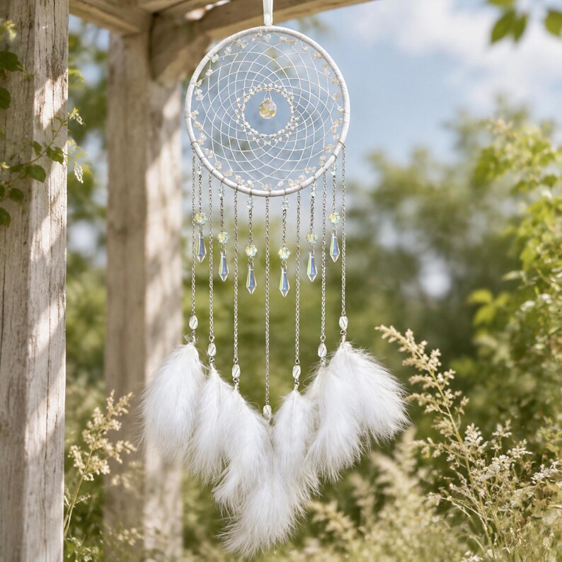 White Dreamcatcher Wind Chime, Crystal Suncatcher Wall Hanging, Boho Feather Bedroom Decor, Celestial Gift