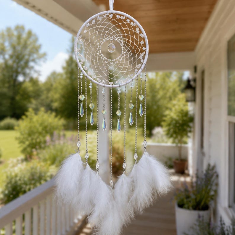 White Dreamcatcher Wind Chime, Crystal Suncatcher Wall Hanging, Boho Feather Bedroom Decor, Celestial Gift