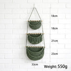 Three Tier Woven Hanging Fruit Basket Wall Organizer for Kitchen Storage, Boho Pantry Decor, Cotton Yarn, 33x23 cm