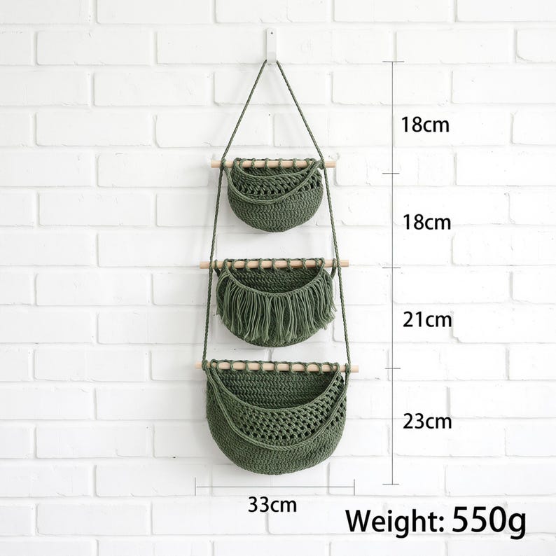 Three Tier Woven Hanging Fruit Basket Wall Organizer for Kitchen Storage, Boho Pantry Decor, Cotton Yarn, 33x23 cm