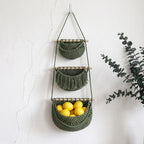 Three Tier Woven Hanging Fruit Basket Wall Organizer for Kitchen Storage, Boho Pantry Decor, Cotton Yarn, 33x23 cm