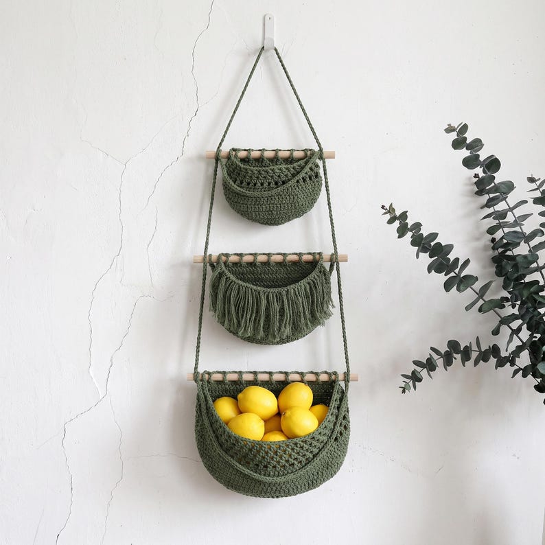 Three Tier Woven Hanging Fruit Basket Wall Organizer for Kitchen Storage, Boho Pantry Decor, Cotton Yarn, 33x23 cm
