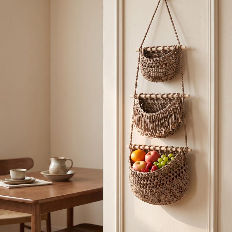 Three Tier Woven Hanging Fruit Basket Wall Organizer for Kitchen Storage, Boho Pantry Decor, Cotton Yarn, 33x23 cm