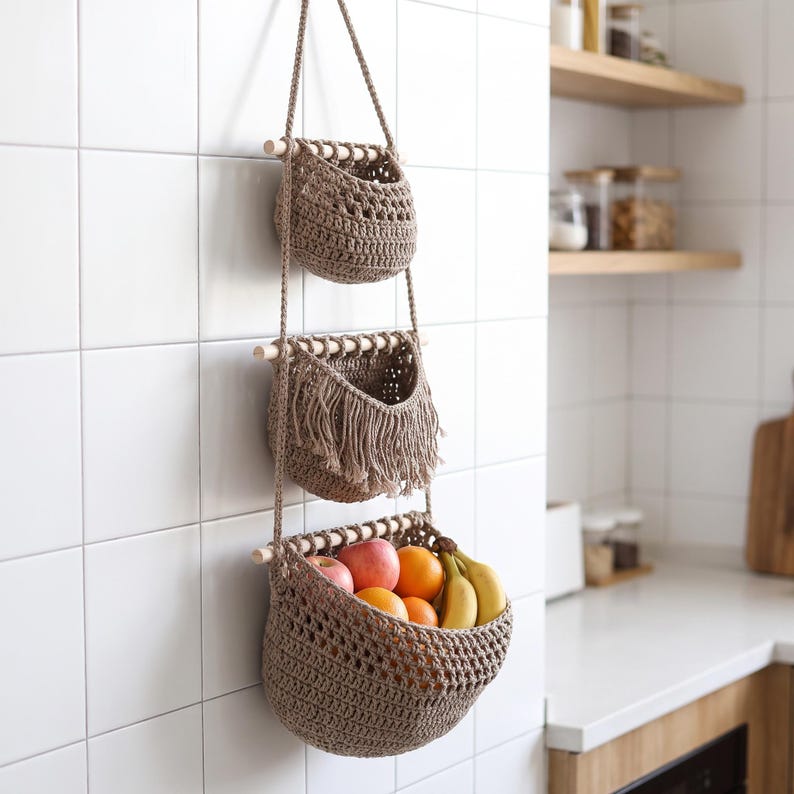 Three Tier Woven Hanging Fruit Basket Wall Organizer for Kitchen Storage, Boho Pantry Decor, Cotton Yarn, 33x23 cm