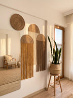 Arch Macrame Wall Hanging Set of 3, Jute Yarn Fringe Tapestry, Mid Century Modern Living Room Decor, Earthy Wall Art, Mustard Brown Cream