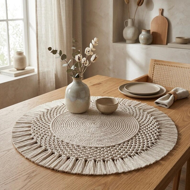 Round Cotton Rope Macrame Placemat, Boho Table Centerpiece, 12-20 inch, Multiple Colors