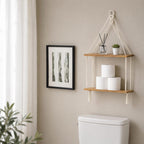 2-Tier Macrame Hanging Shelf with Wood Shelves, Boho Wall Decor, Rustic Storage for Plants
