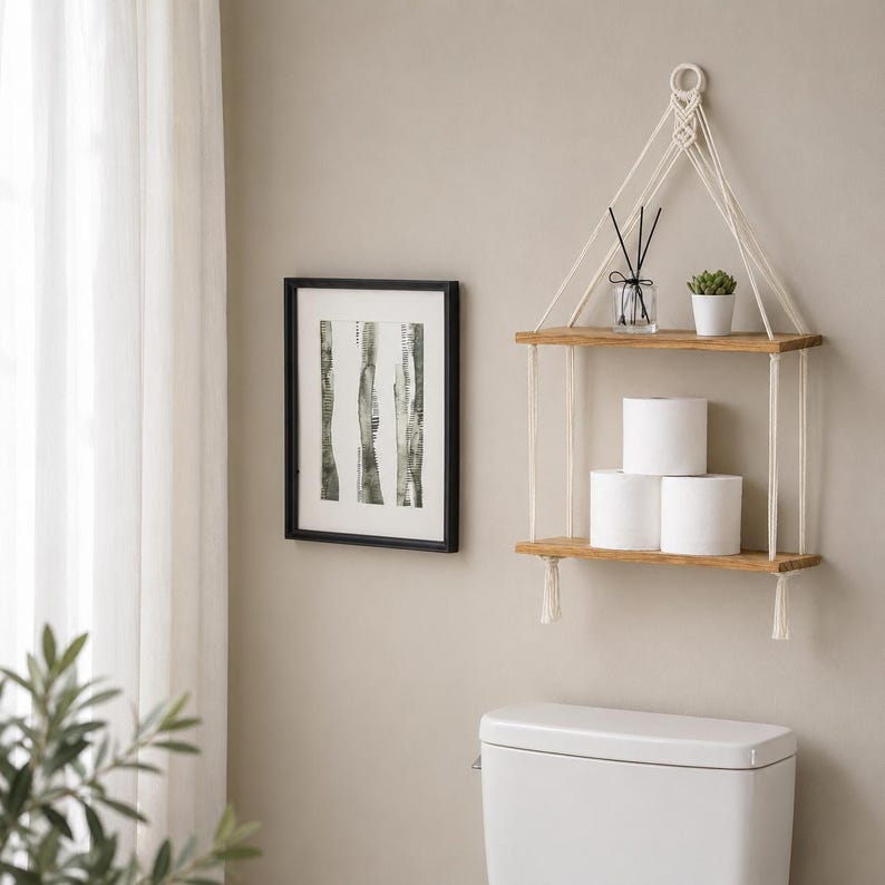2-Tier Macrame Hanging Shelf with Wood Shelves, Boho Wall Decor, Rustic Storage for Plants