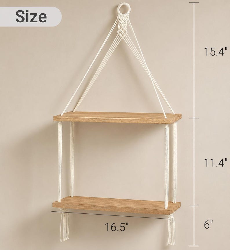 2-Tier Macrame Hanging Shelf with Wood Shelves, Boho Wall Decor, Rustic Storage for Plants