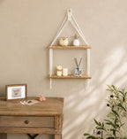 2-Tier Macrame Hanging Shelf with Wood Shelves, Boho Wall Decor, Rustic Storage for Plants