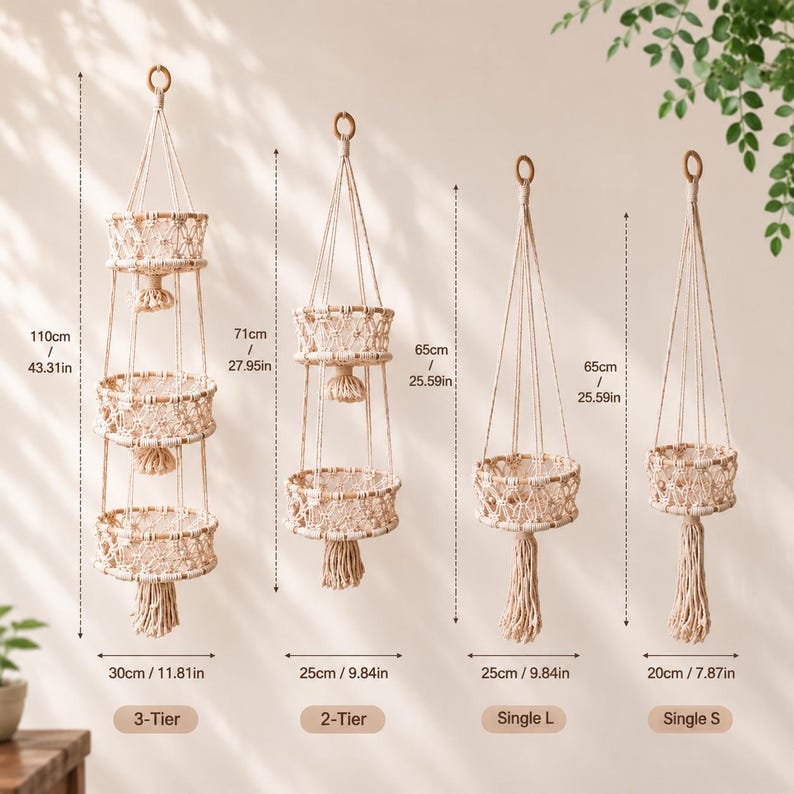 Large Macrame Plant Pot Hanger, Minimalist Boho Wall Decor, Cotton Rope Hanging Planter Basket, Natural Cream