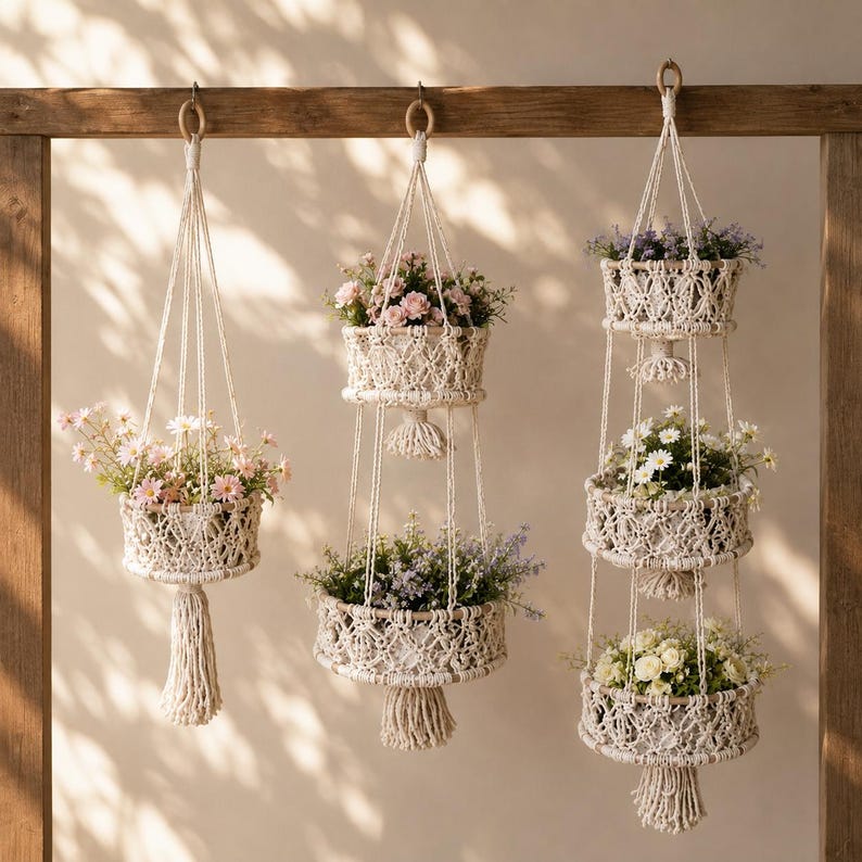 Large Macrame Plant Pot Hanger, Minimalist Boho Wall Decor, Cotton Rope Hanging Planter Basket, Natural Cream
