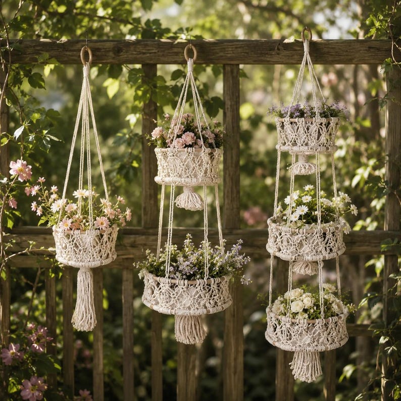 Large Macrame Plant Pot Hanger, Minimalist Boho Wall Decor, Cotton Rope Hanging Planter Basket, Natural Cream