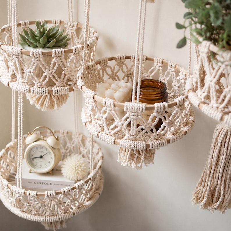Large Macrame Plant Pot Hanger, Minimalist Boho Wall Decor, Cotton Rope Hanging Planter Basket, Natural Cream