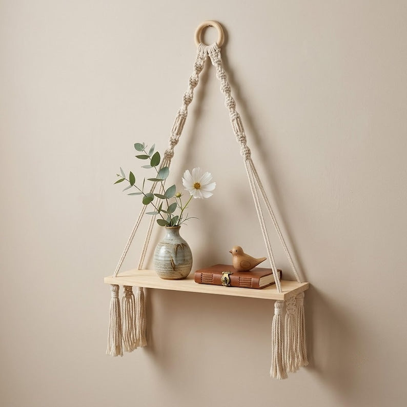 Macrame Shelf Boho Wall Mounted Natural Wood with Tassels