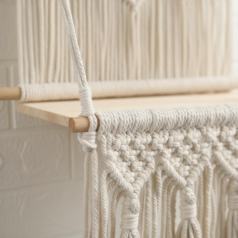 Cream Boho Macrame Wall Shelf with Wood Board and Knotted Fringe