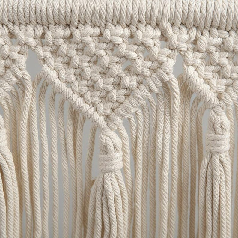 Cream Boho Macrame Wall Shelf with Wood Board and Knotted Fringe